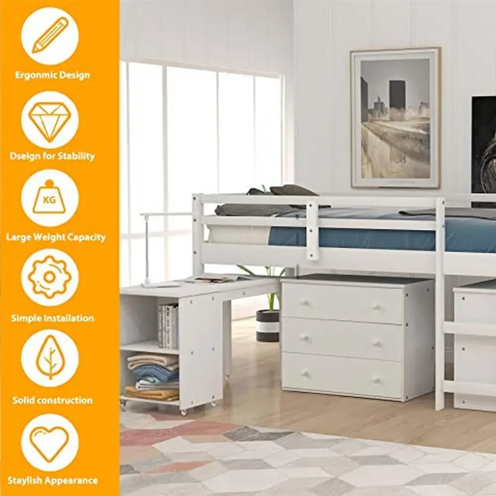 Portable Twin Loft Bed with Storage Cabinet for Kids