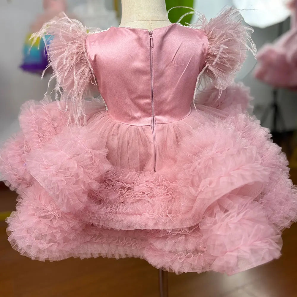 Pink Flower Girl Dress with Layers of Tulle for Wedding or Birthday