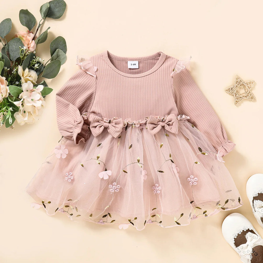 Bowknot Floral Embroidered Mesh Dress for Baby Girl&