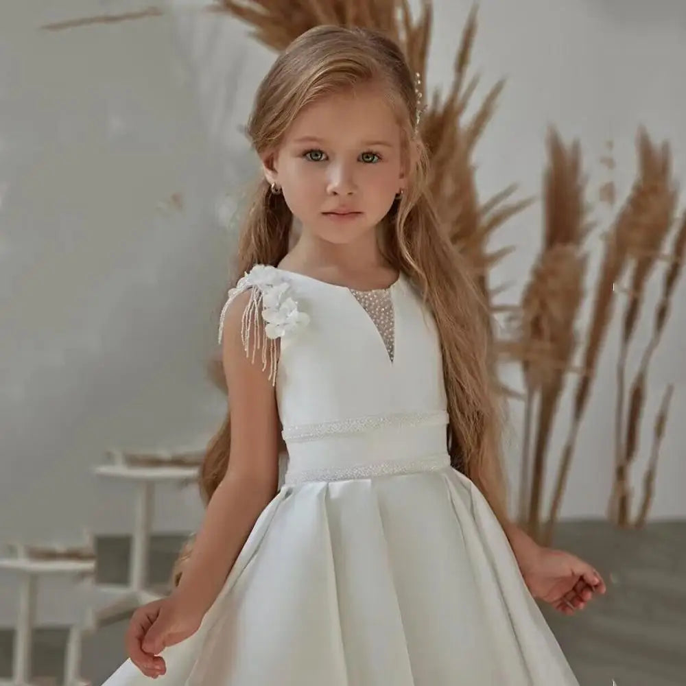 Ivory Beads Decoration Puff First Communion Dress for Girls