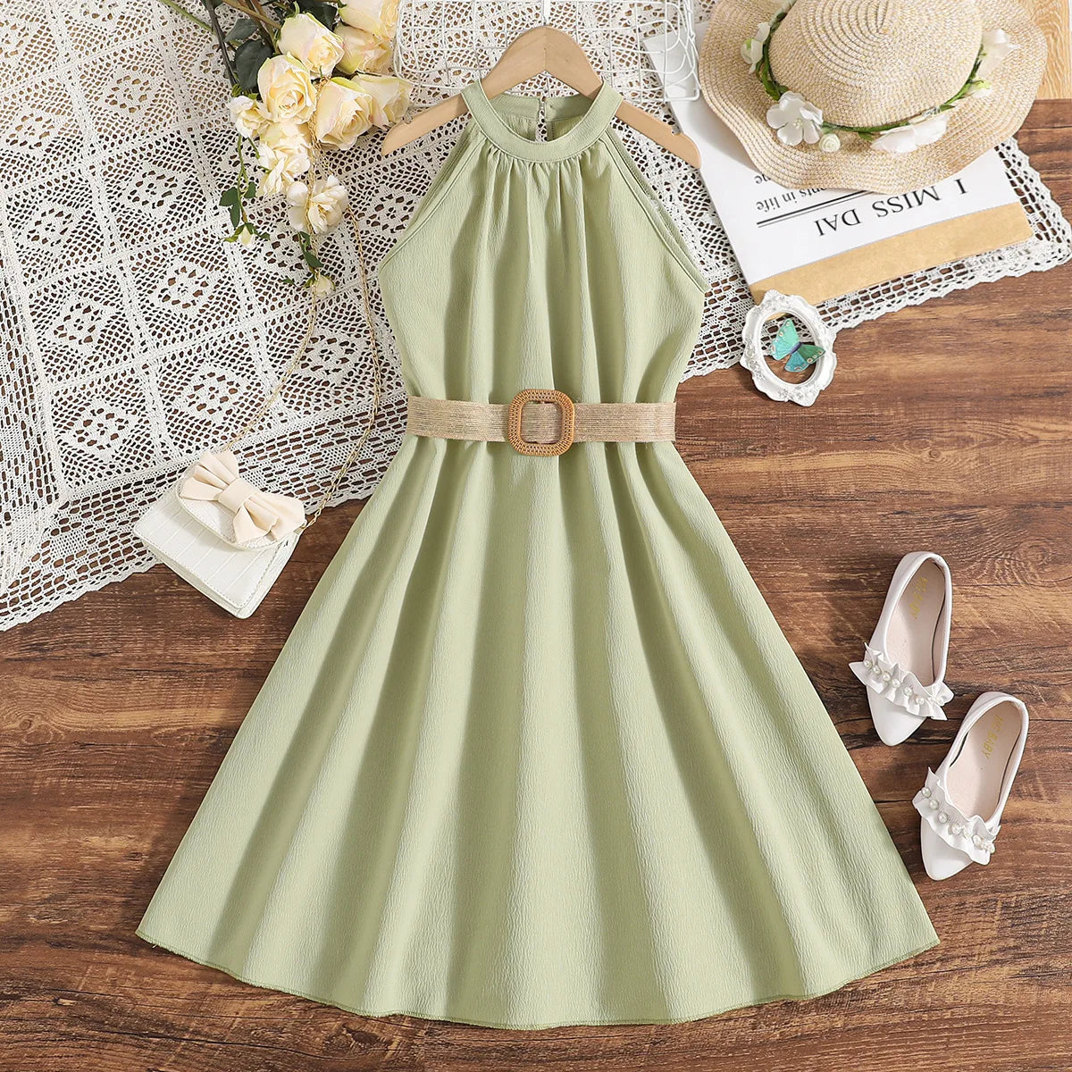 Kids Girls Off Shoulder Formal Summer Party Dresses With Belt