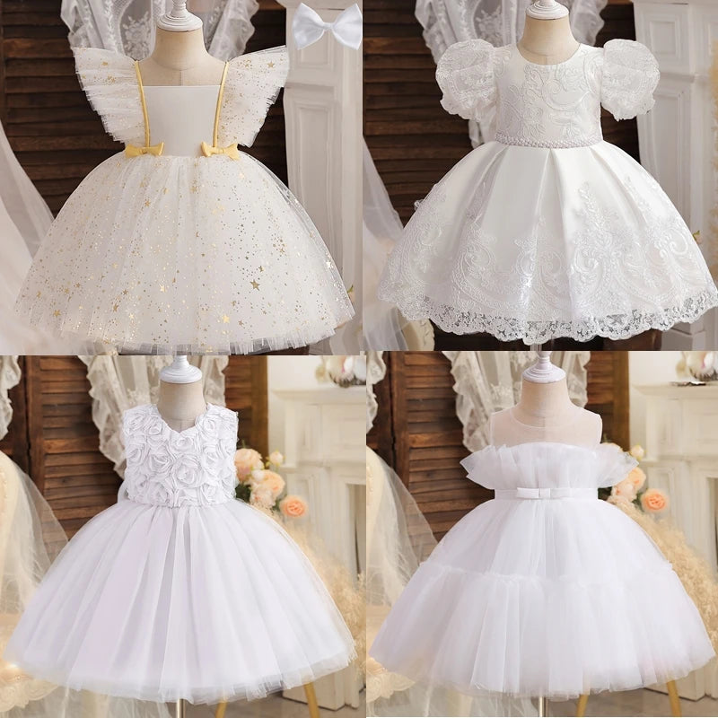 Little Girls Bow Lace Design White Baptism/Bridesmaid Dresses
