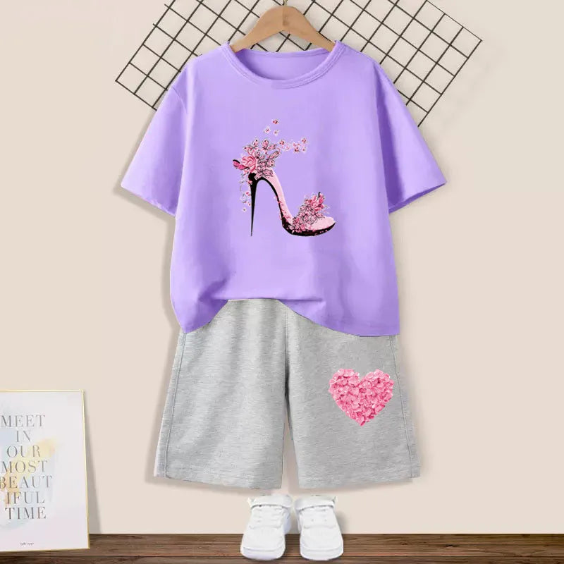 Kids Girls Butterfly High Heel T-shirt +Shorts 2 Piece Tracksuits childrensterritory