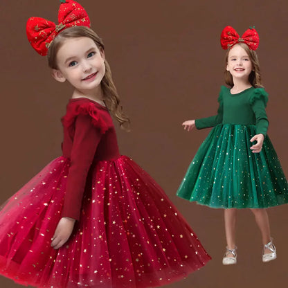 Kids Girl Star Sequin Mesh Winter Party Dresses childrensterritory