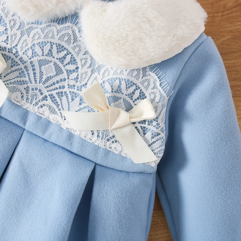 Girls' Furry Collar Ribbon Design Winter Dresses