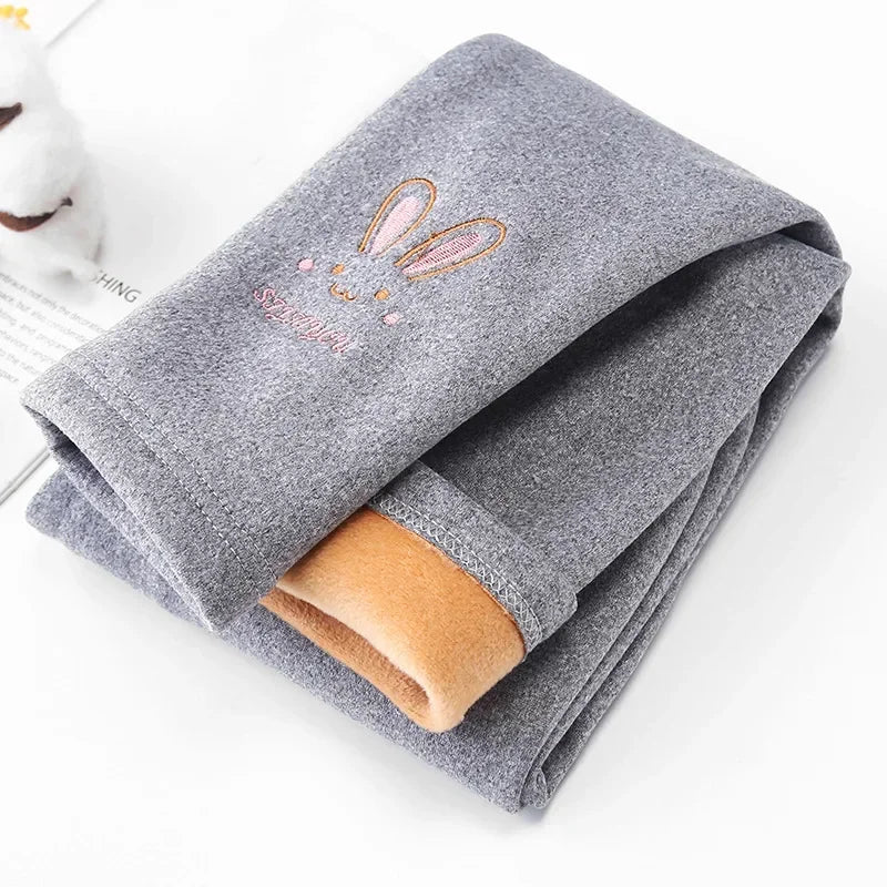 Little Girls Thick Warm Rabbit Print Solid Trousers childrensterritory