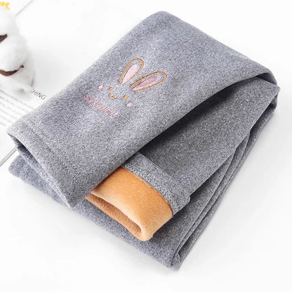 Little Girls Thick Warm Rabbit Print Solid Trousers childrensterritory