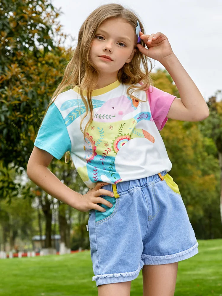 Kids Girls Cartoon Printed T-shirt and Denim Short Set childrensterritory