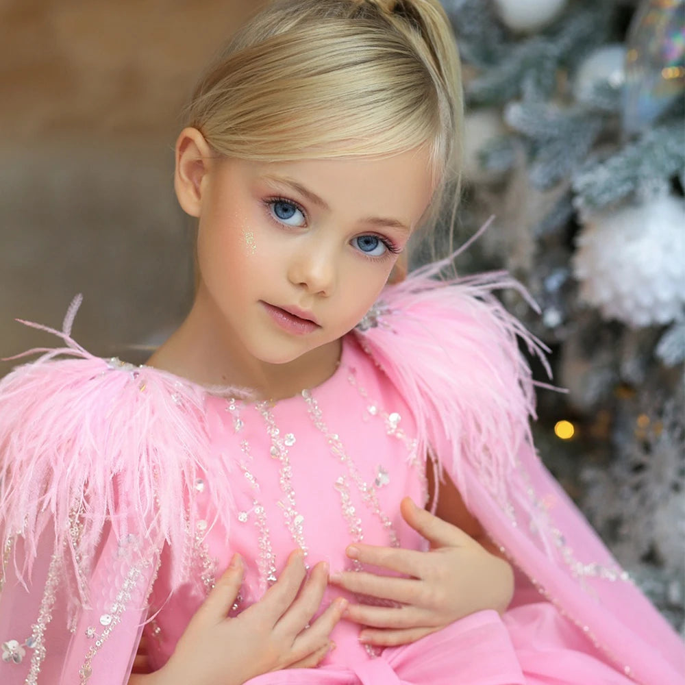 Kids Girls Beading Sequin Ball Gown/Party Dresses with Feather Cape