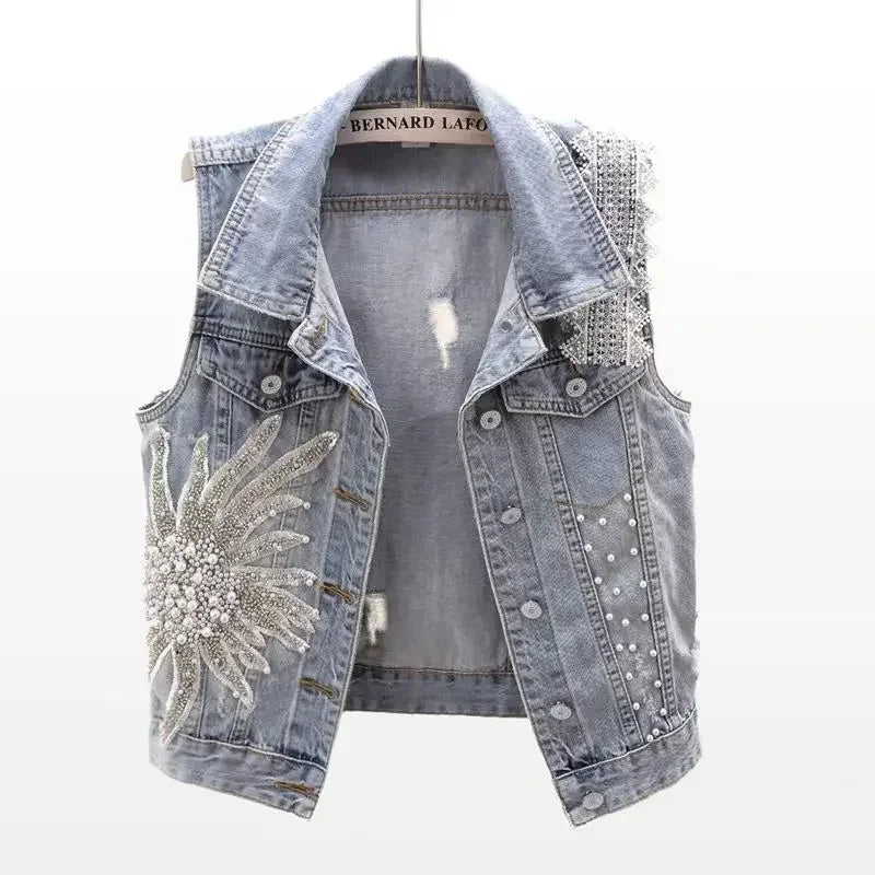 Loose Vintage Lace Beaded Design Denim Vest for Women