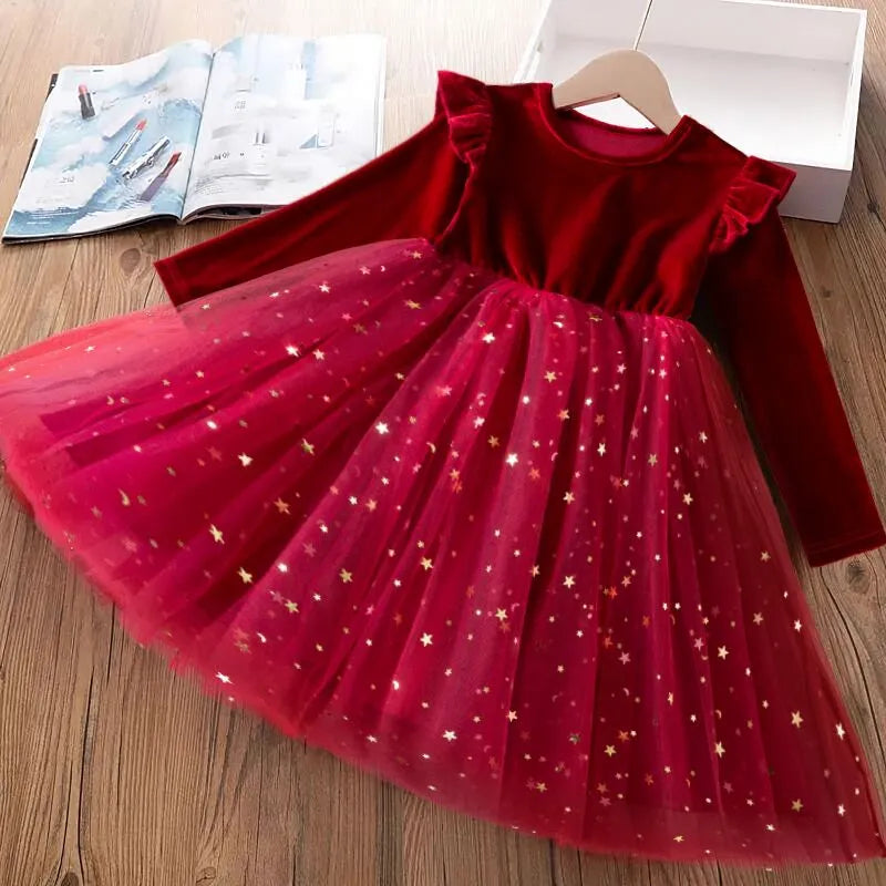 Kids Girl Star Sequin Mesh Winter Party Dresses childrensterritory