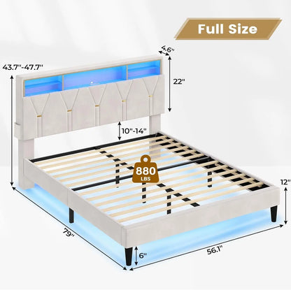 Velvet Upholstered LED Queen Bed Frame with Headboard Storage childrensterritory