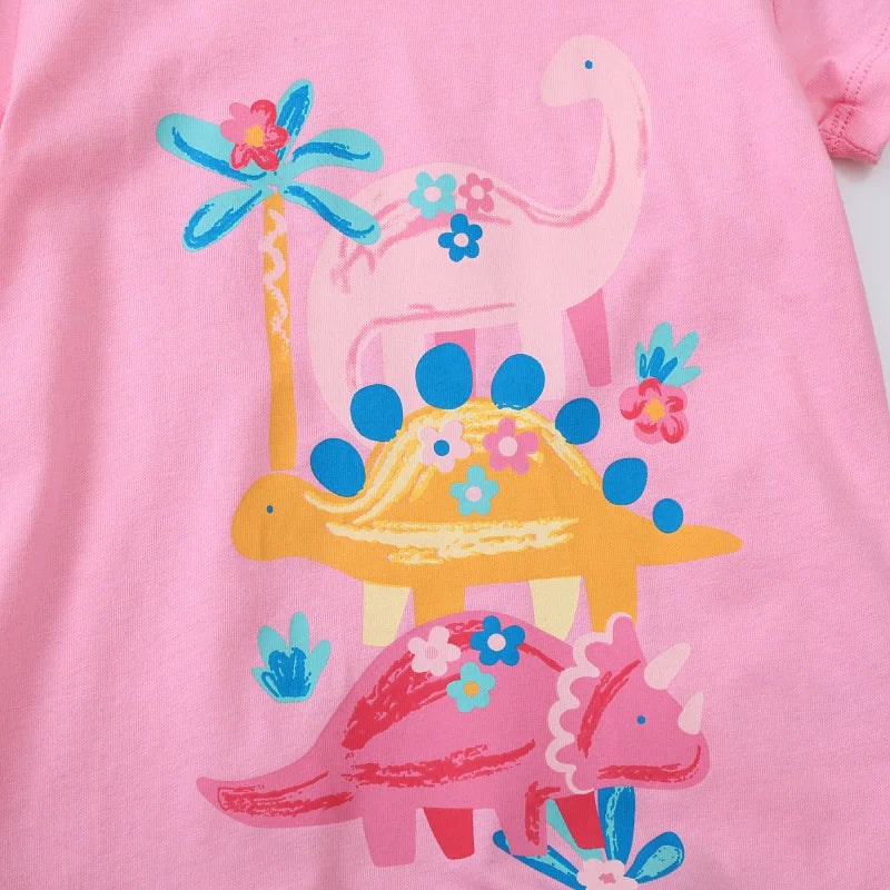 Dinosaurs Cartoon Print Summer T-Shirts For Girls