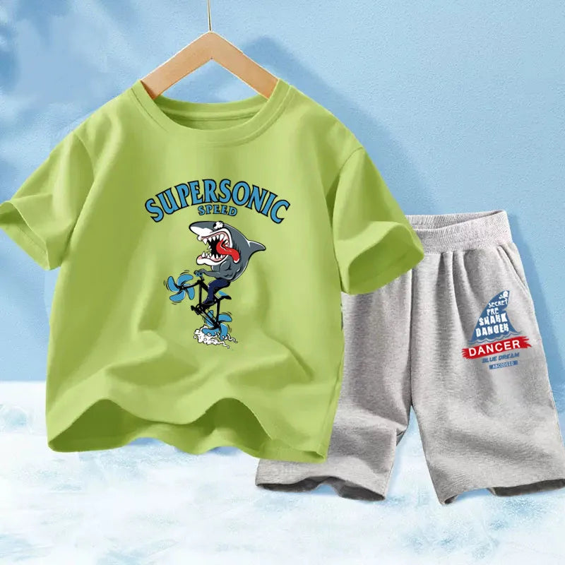 Kids Boy Funny Shark Print T-Shirts and Half Pants Set childrensterritory
