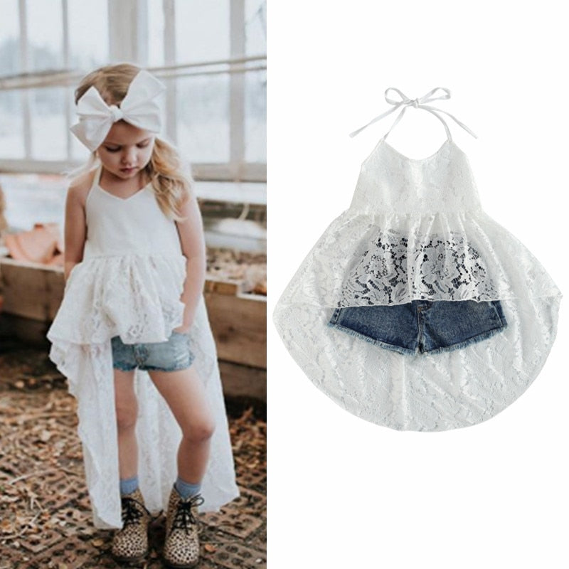 Kids Girls Sleeveless Halter Top + Denim Shorts Set childrensterritory
