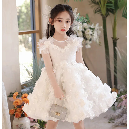 3D Flower Puffy Sleeve Girls White Lace Dresses for Birthday childrensterritory
