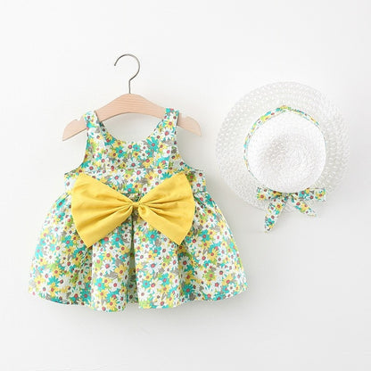 Baby Girl Floral Big Bow Designed Summer Dresses + Sunhat childrensterritory