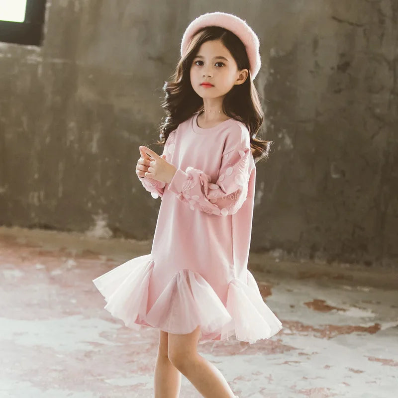 Little Girls Petal Sleeves Pink Sweater Dress
