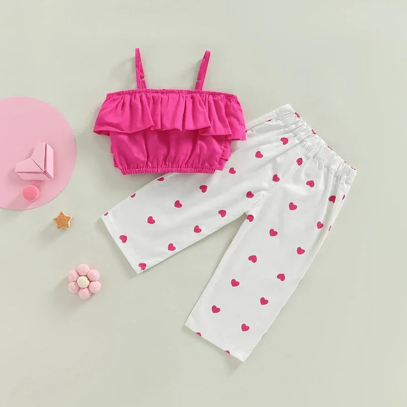 Kids Girls Sleeveless Ruffle Top Heart Print Short Outfit Set