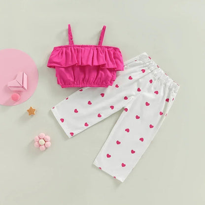 Kids Girls Sleeveless Ruffle Top Heart Print Short Outfit Set