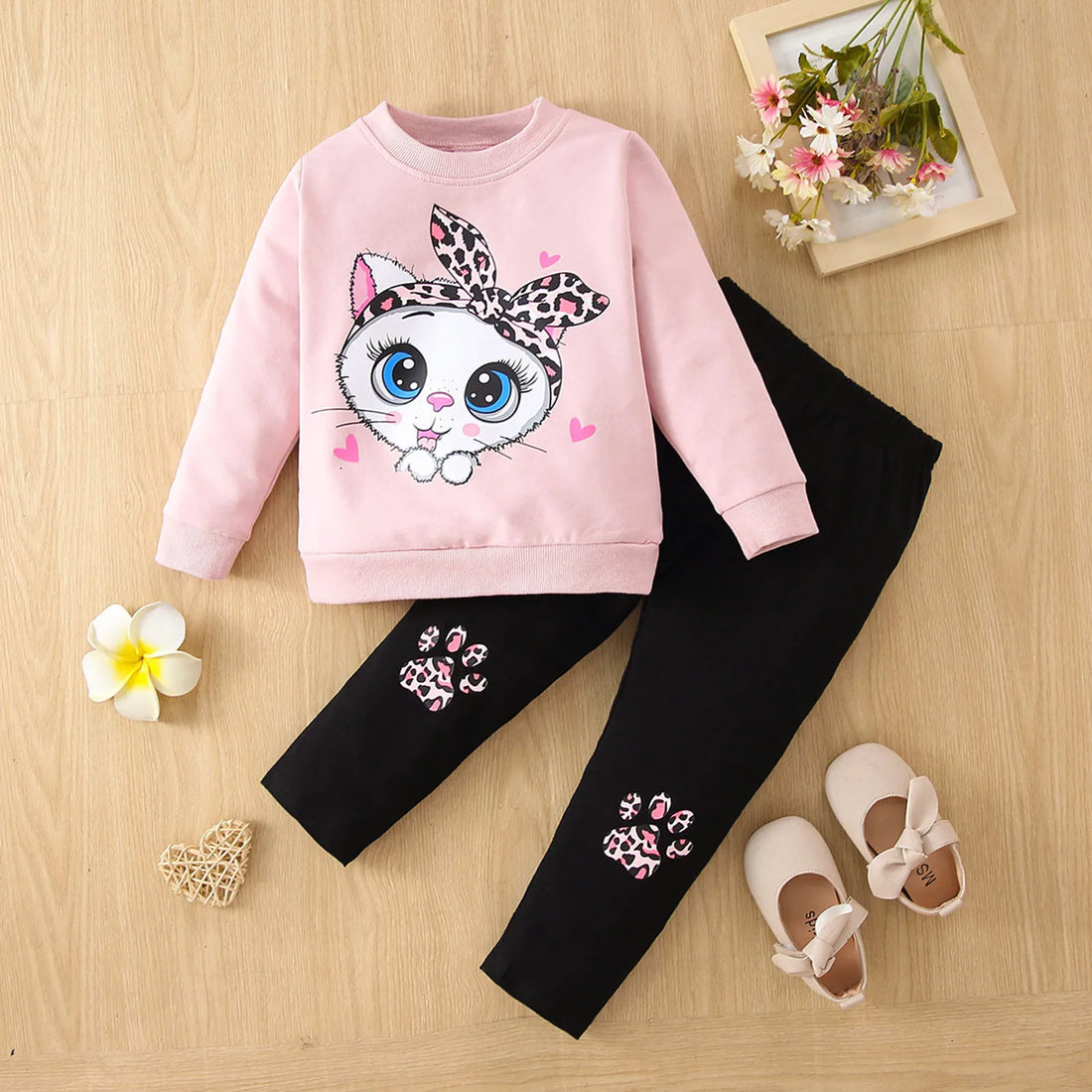Big-eyed Cat Kids Girls Casual Clothing Set for Autumn