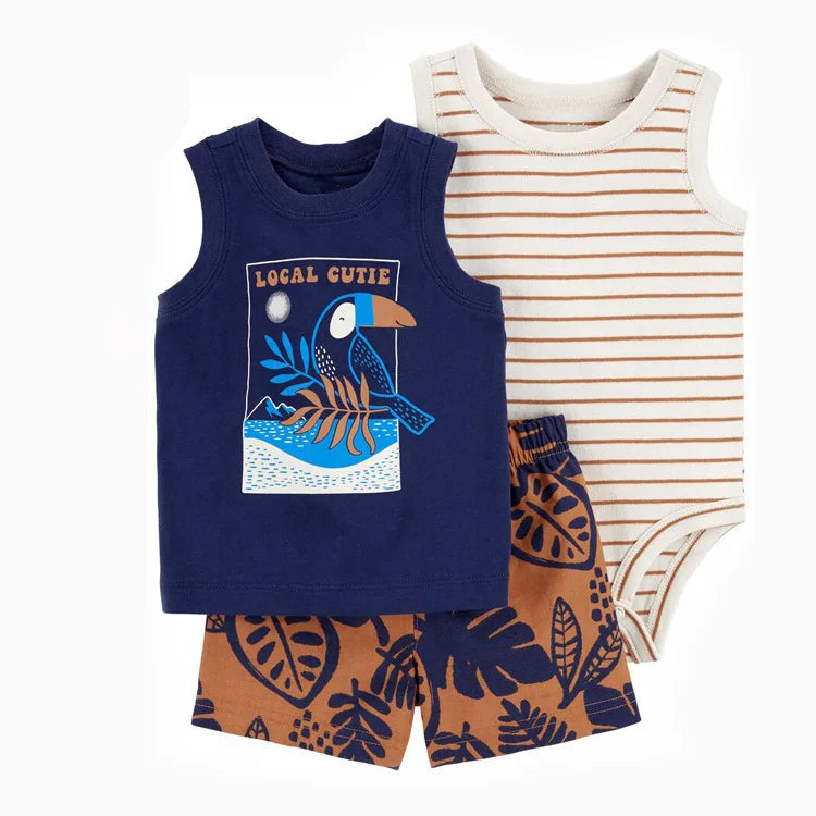 Baby Boys Cotton 3-Piece Short Bodysuit Set for Summer