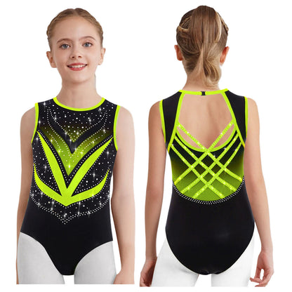 Kids Girls Mesh Rhinestones Design Gymnastics Leotard/Dancewear childrensterritory