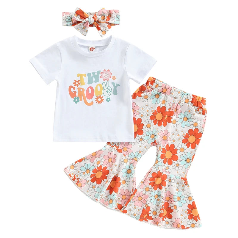 3pcs Printed Romper with Flare Pants Set for Baby Girls