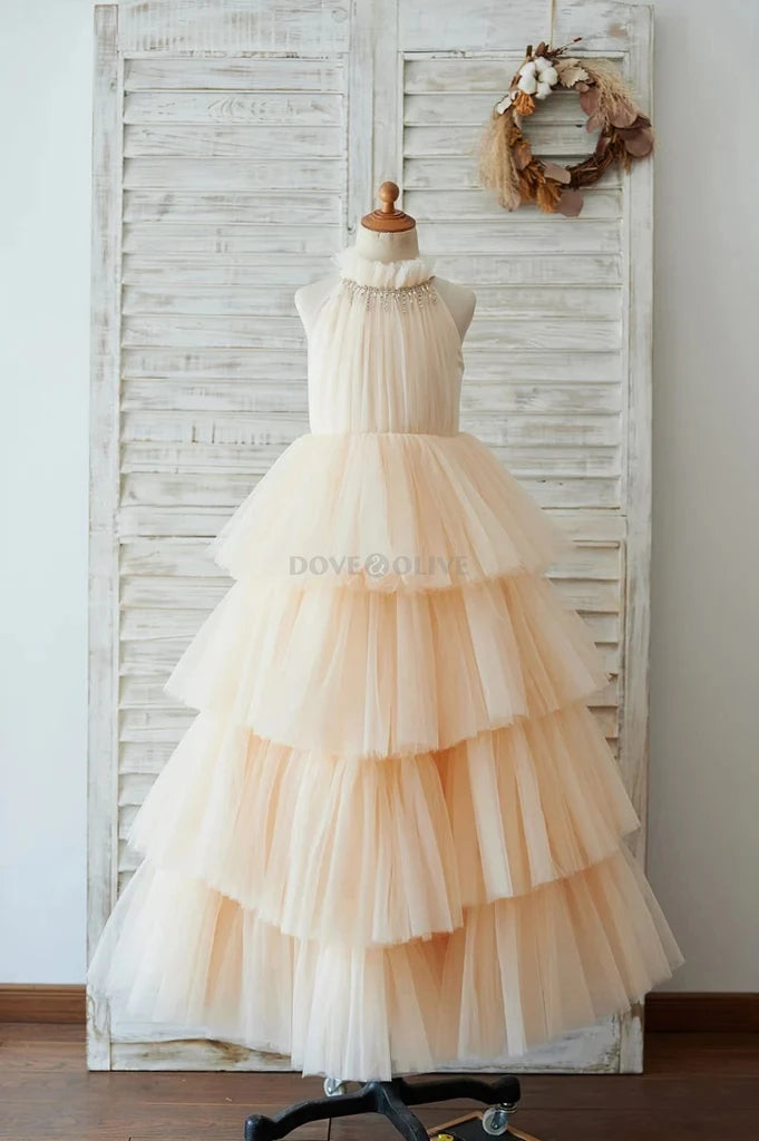 Tiered Tulle Champagne Flower Girl Dresses for Wedding