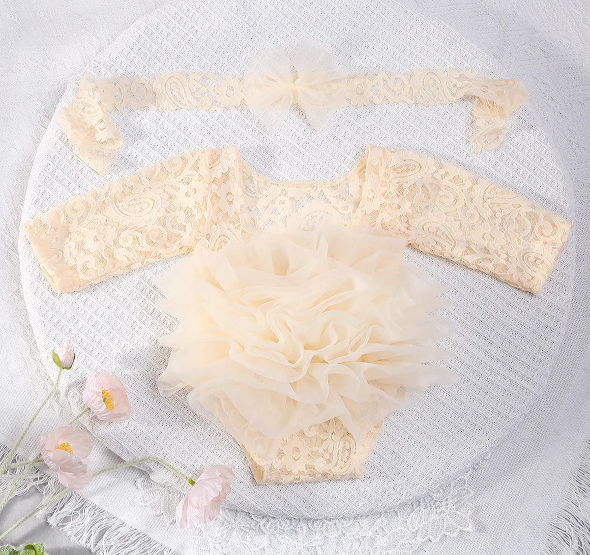 Newborn Baby Girl Lace Flower Design Photography Romper