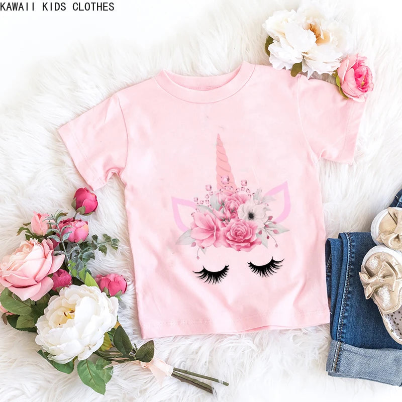 Unicorn Floral Cartoon Printed Girls Summer Tees childrensterritory