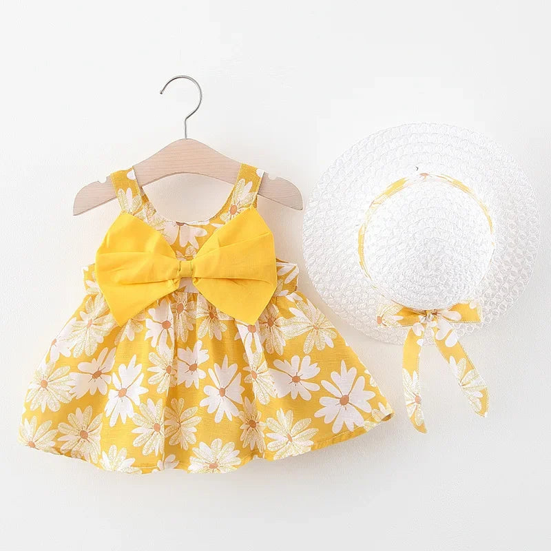 Baby Girl Big Bow Floral Princess Dress with Hat childrensterritory