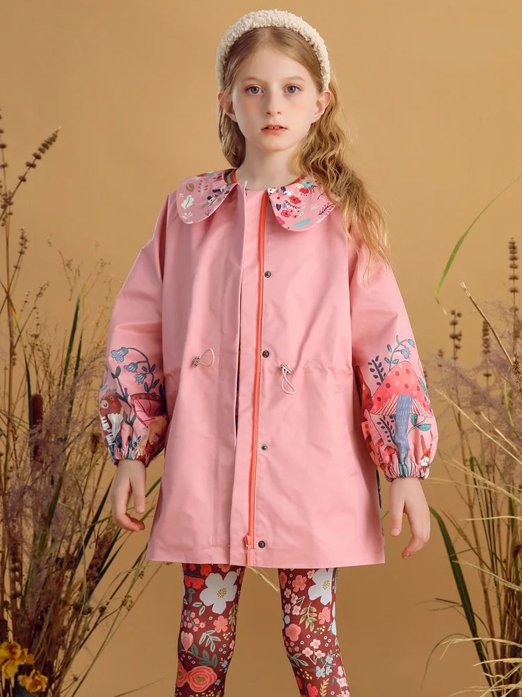 Flowers Printed Peter Pan Collar Girls Trench Coat childrensterritory