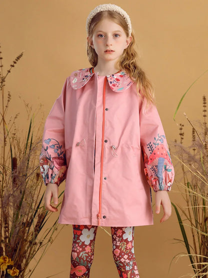 Flowers Printed Peter Pan Collar Girls Trench Coat childrensterritory