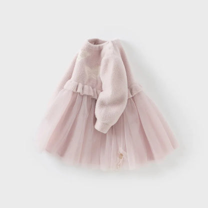 Cute Warm Fleece Upper and Mesh Bottom Girls Princess Dress childrensterritory