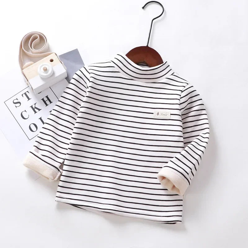 Kids Korean Style Turtleneck Striped Design Velvet Winter T-shirts childrensterritory