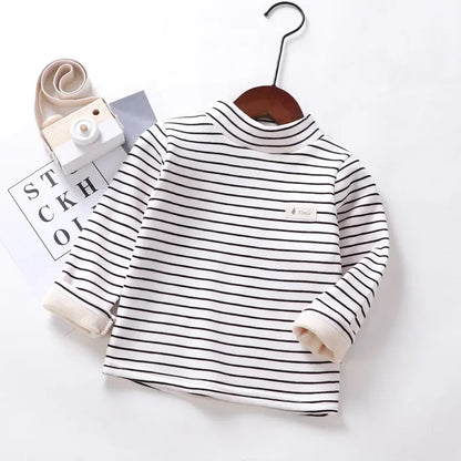 Kids Korean Style Turtleneck Striped Design Velvet Winter T-shirts childrensterritory