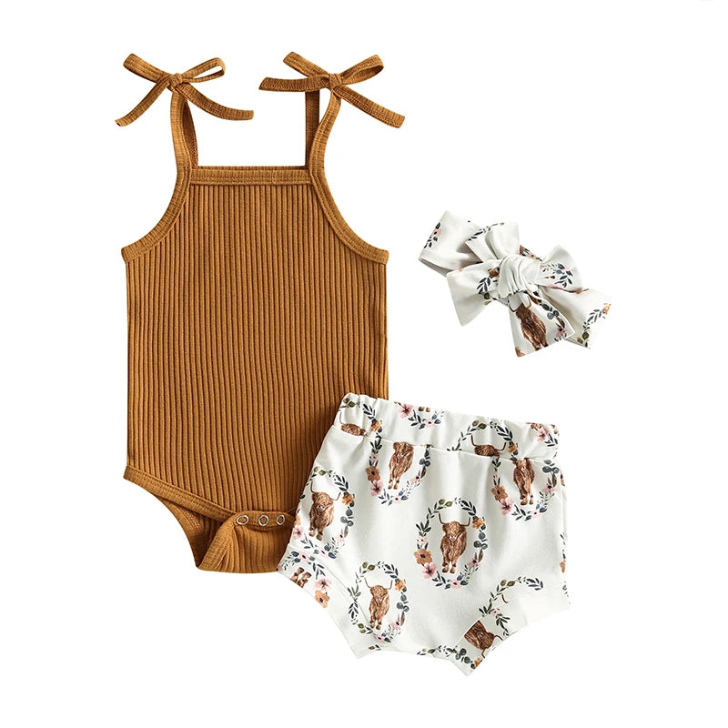 Baby Girl Sleeveless Romper and Print Shorts Set