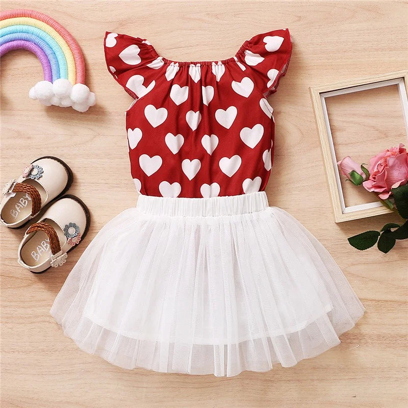 Baby Girl 2PCS Heart Print Romper + Tulle Skirt Outfit