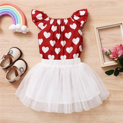 Baby Girl 2PCS Heart Print Romper + Tulle Skirt Outfit