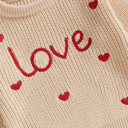 Baby Girl Heart Print Crew Neck Knitted Sweaters childrensterritory