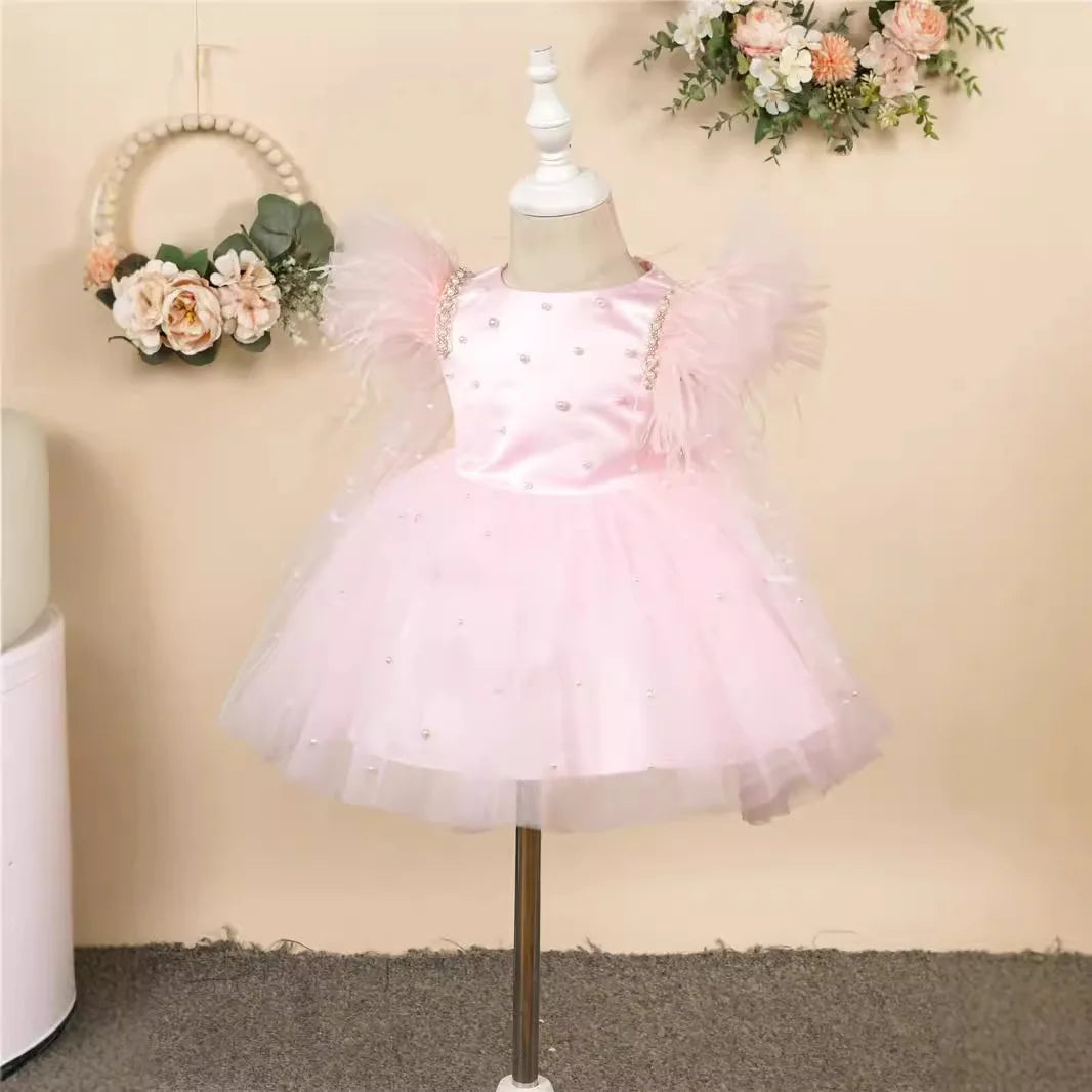 Pearl Decorated Puffy Pink Princess Dress for Girl&