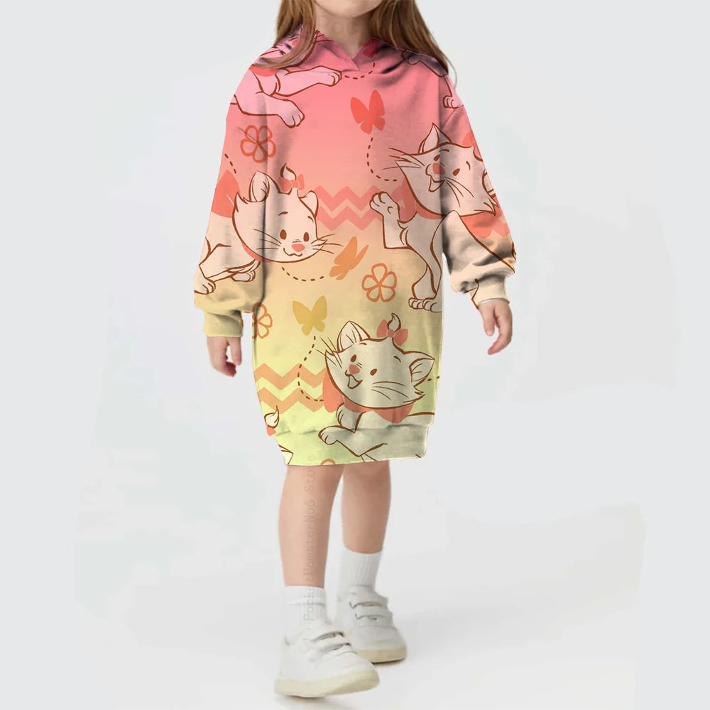 Kids Girls Cute Cat Print Casual Hoodie Dresses