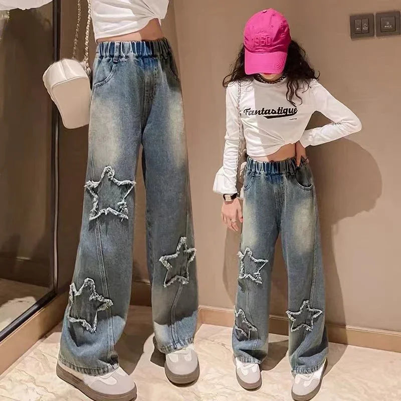 High Waist Wide-leg Kids Girls Denim Trousers childrensterritory
