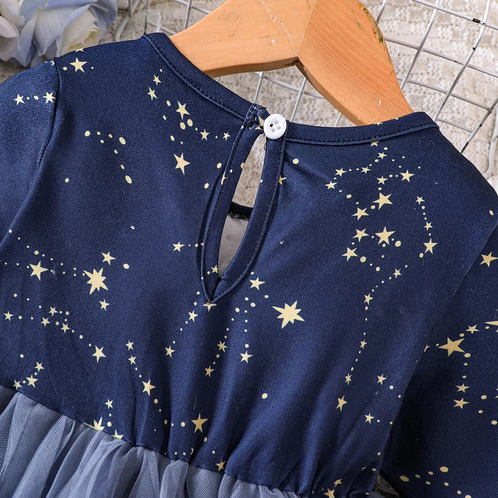 Baby Girl Stars Print Long Sleeve Mesh Princess Dress childrensterritory