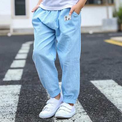 Elastic Waist Solid Color Children Cotton Trousers For Boys Girls
