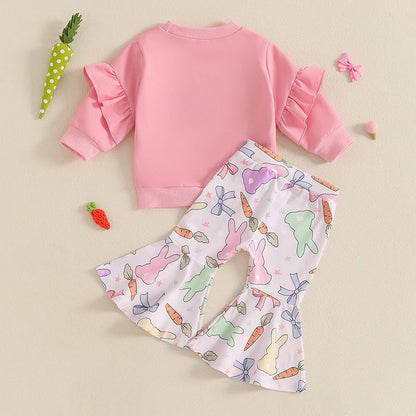 Toddler Girl Bunny Embroidery 2 Pieces Easter Outfit Set childrensterritory
