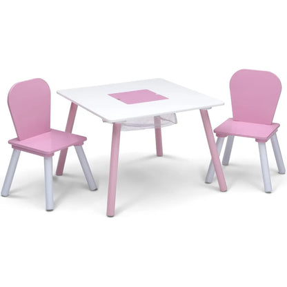 White and Pink Kids Table and Chair Set with Storage
