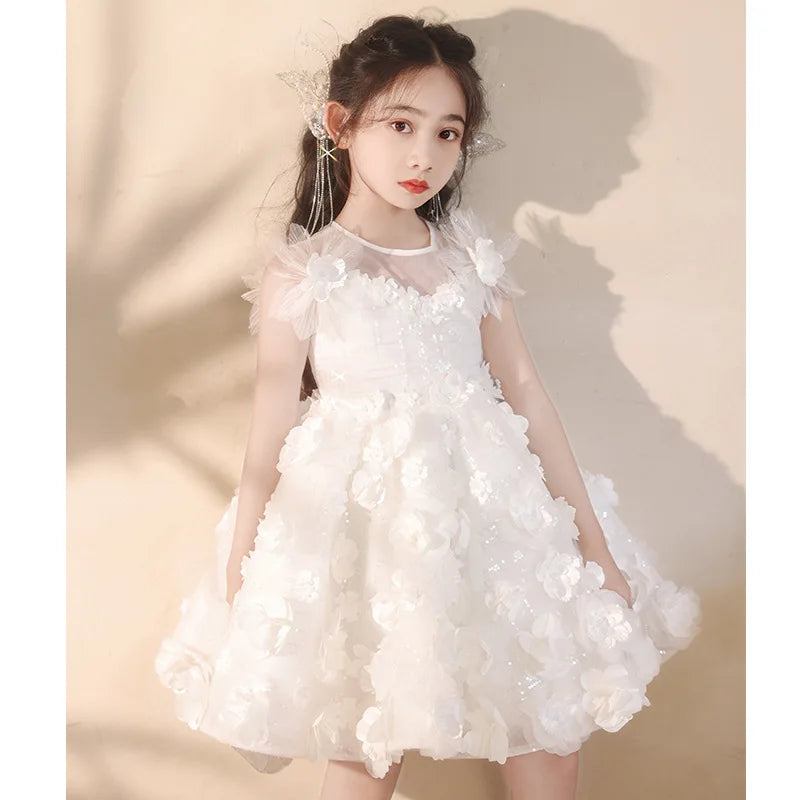 3D Flower Puffy Sleeve Girls White Lace Dresses for Birthday childrensterritory