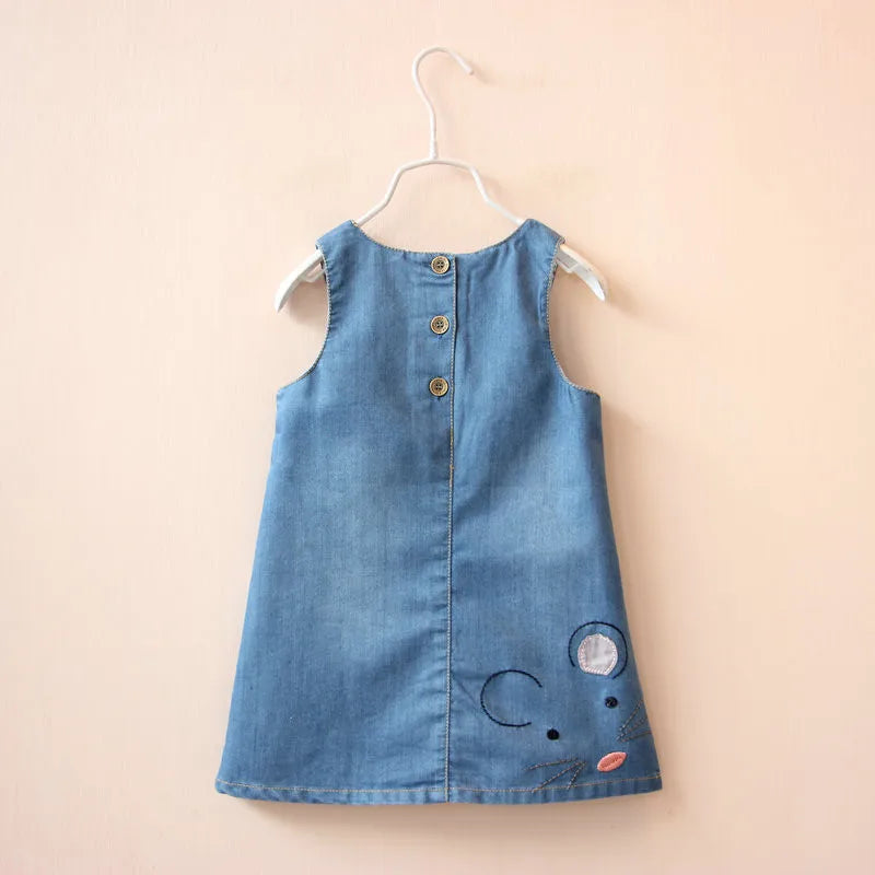 Little Girls Cartoon Mouse Embroidery Denim Dress childrensterritory